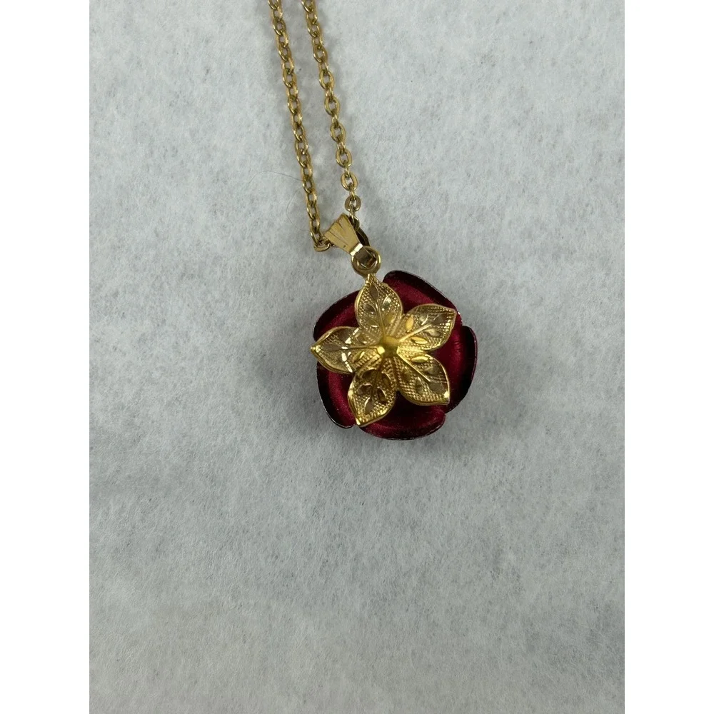 Enamel Rose Pendant Necklace with a 14K GF AMCO chain - Picture 9 of 9